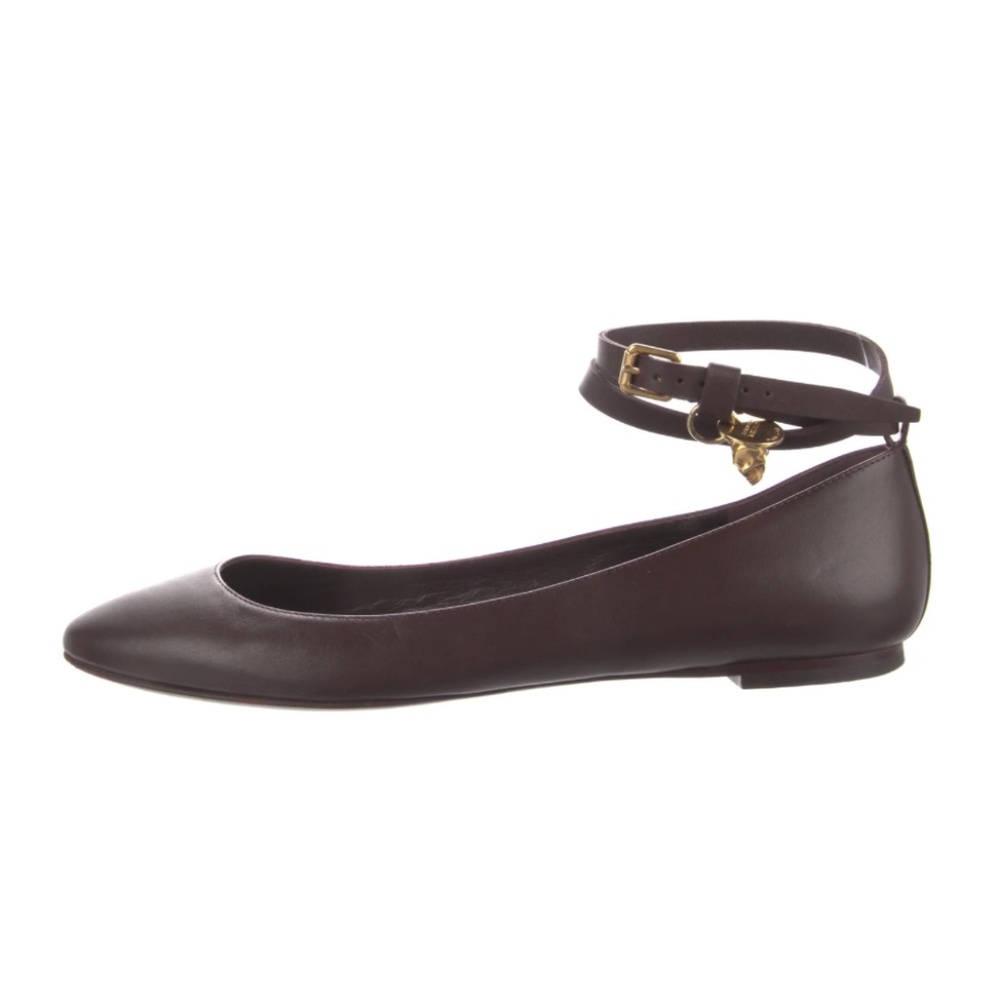 Alexander McQueen Burgundy Leather Ankle Strap Ballet Flats